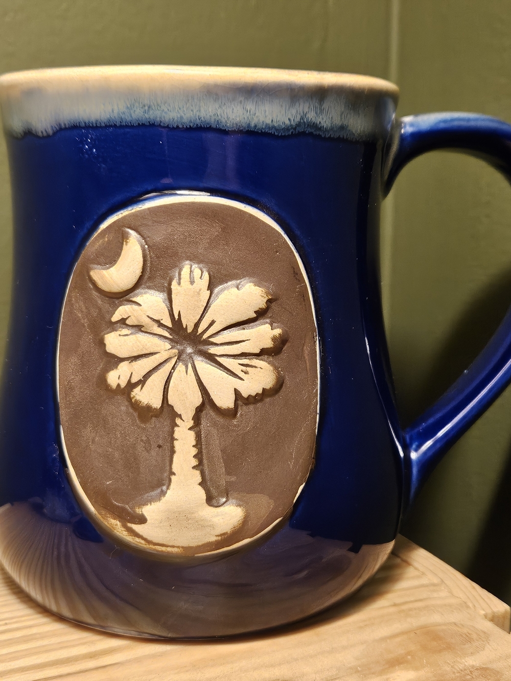 Source Unknown Cobalt Blue Ceramic Mug with Palm Tree Relief